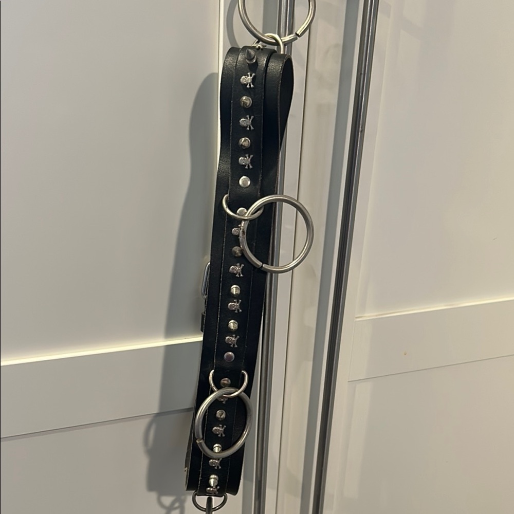 Punk Black leather bondage belt with rings and skull accents